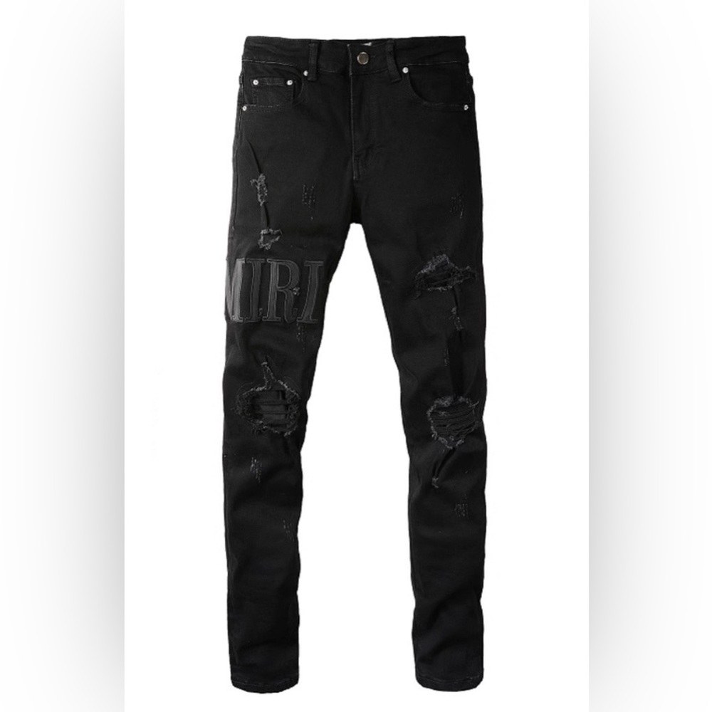 AMIRI Distressed Varsity Black Logo Slim Leg Jeans Streetwear Casual Size 32x31